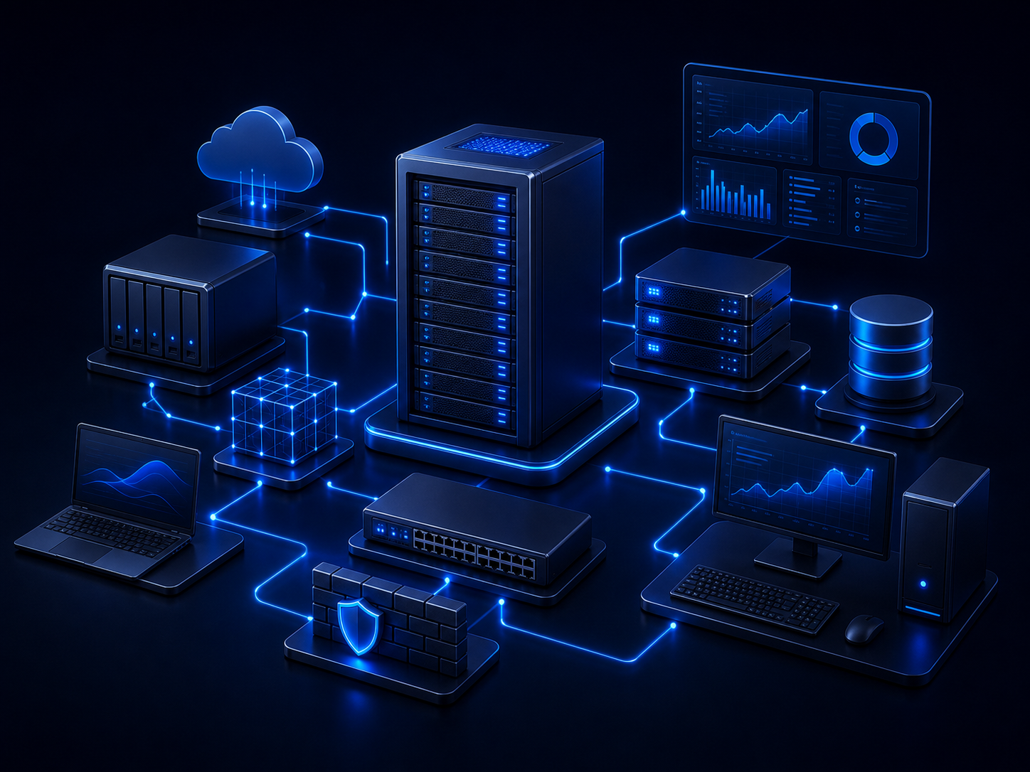 Übersicht einer IT Infrastruktur mit Servern, Netzwerk, Speicher und Backup