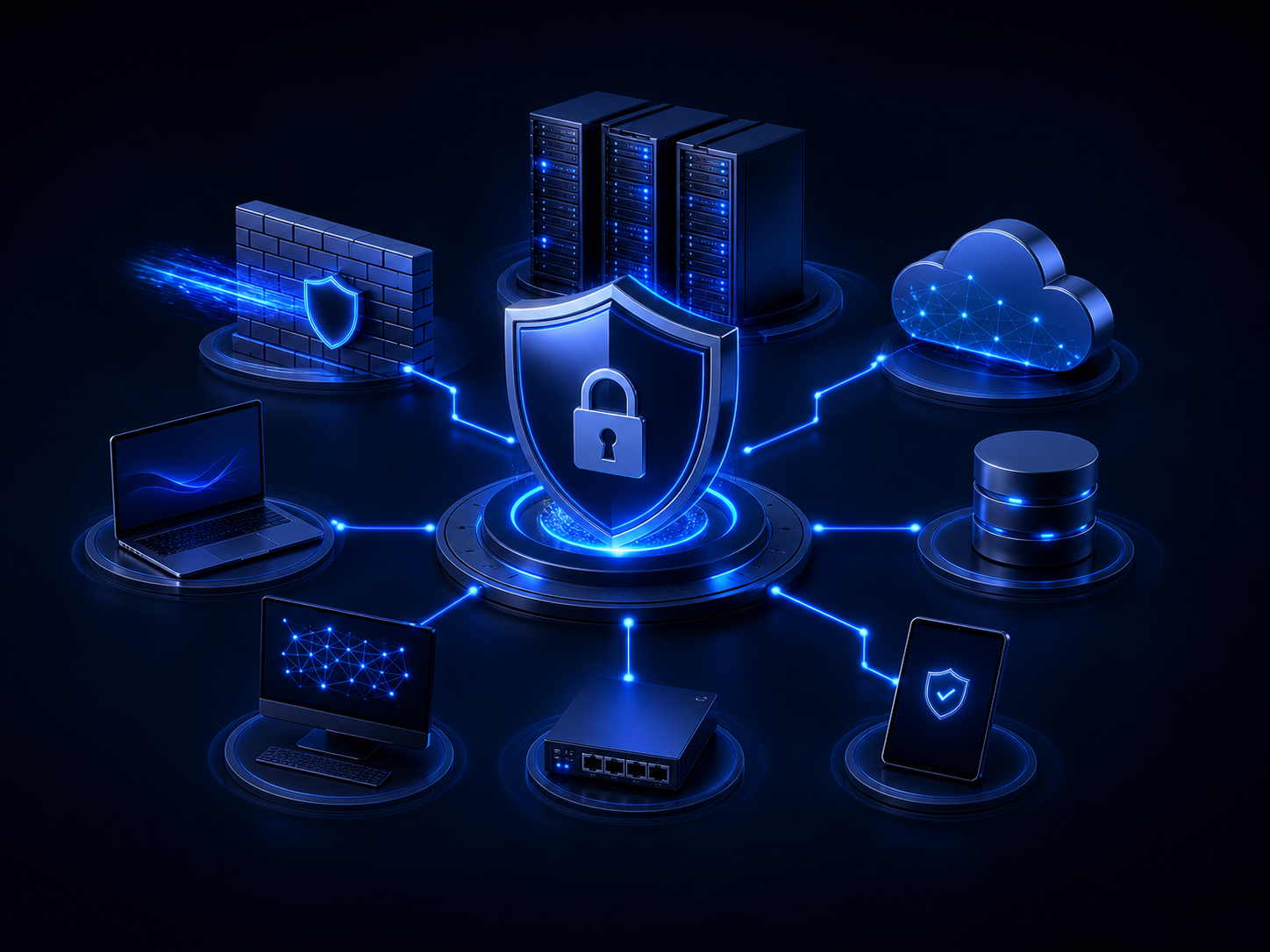 Security Übersicht mit Firewall, Monitoring, Backup und geschützten Endgeräten
